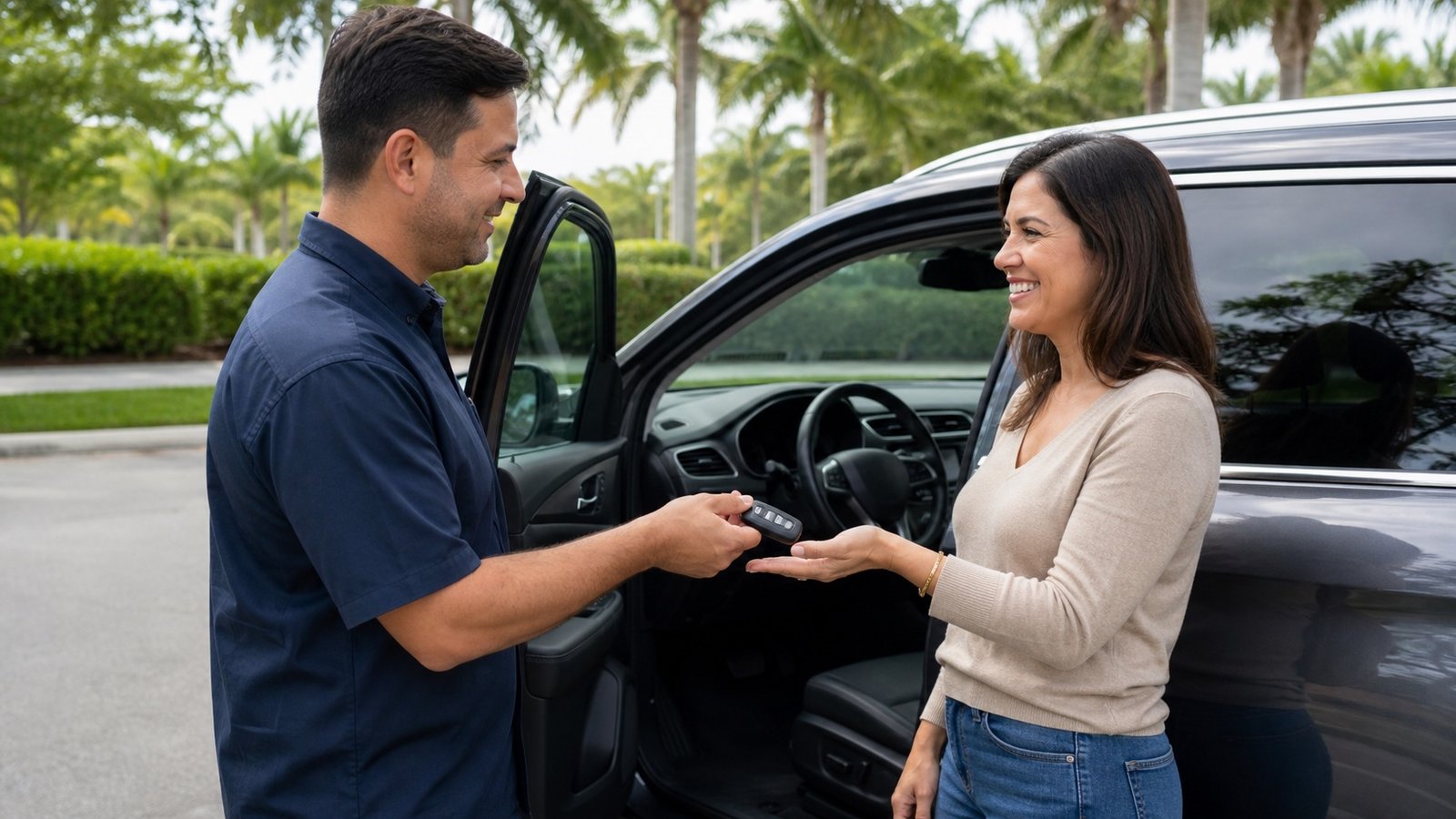Automotive locksmith providing a replacement car key to a vehicle owner