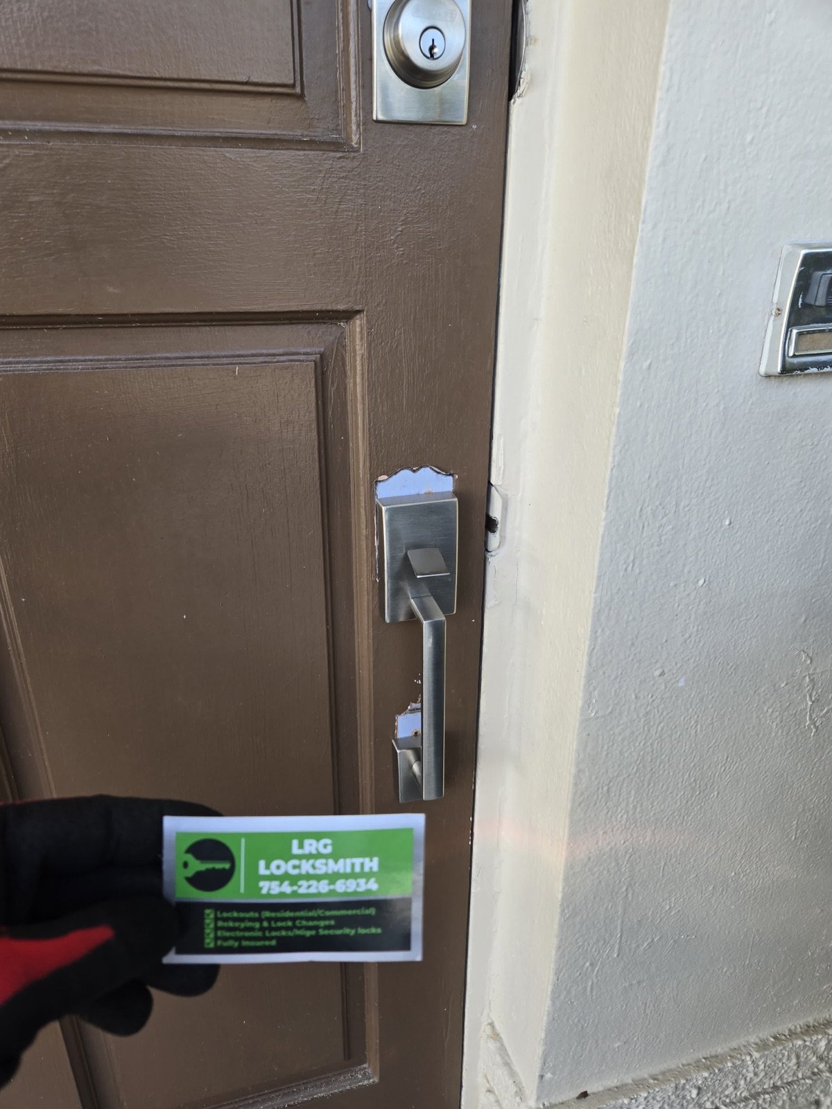 Modern front-door handleset after professional lock replacement