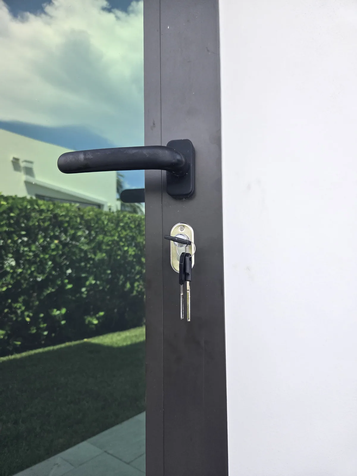 High-security Euro cylinder installed on a glass entry door with controlled keys
