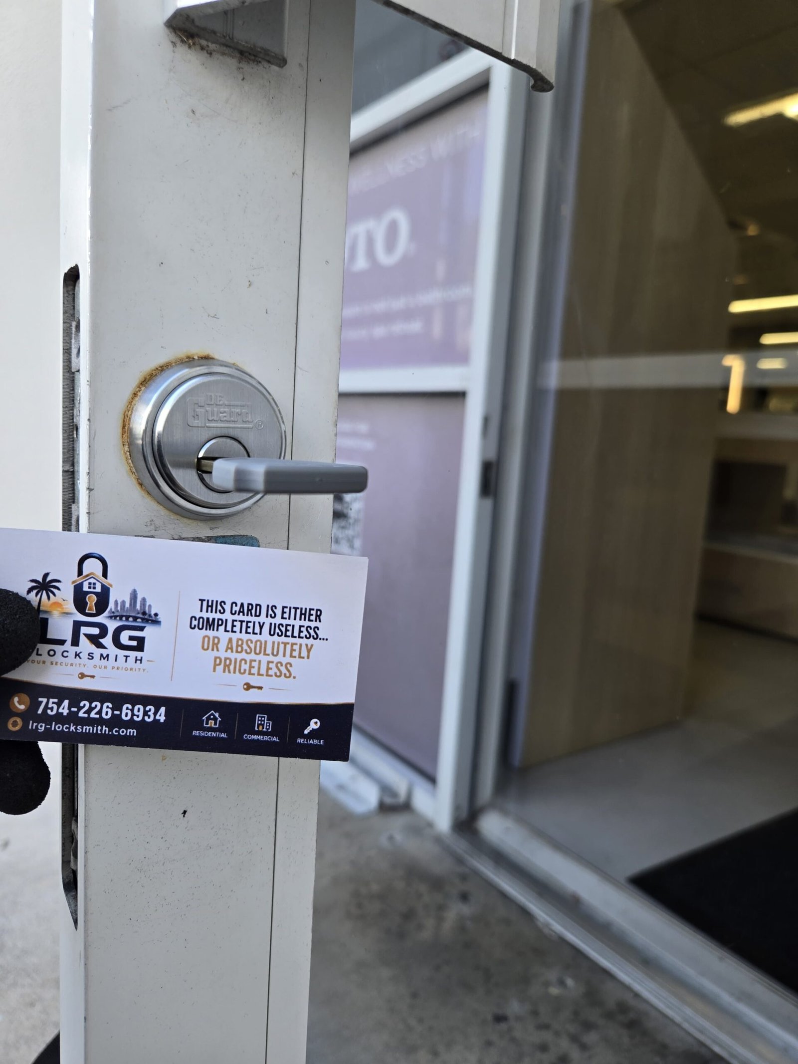 High-security cylinder installed on a commercial storefront door by LRG Locksmith