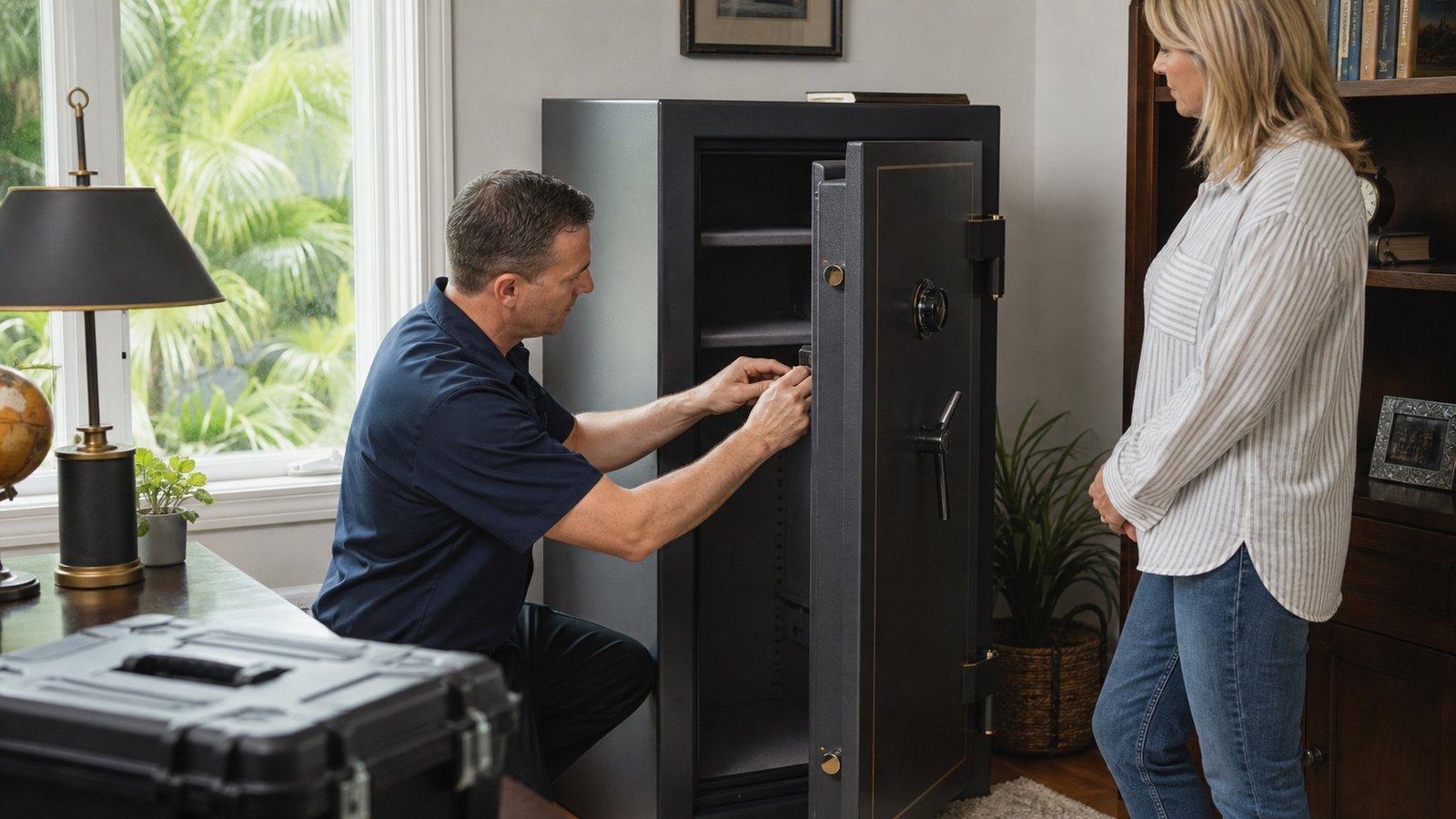 Safe technician performing authorized maintenance on a home safe