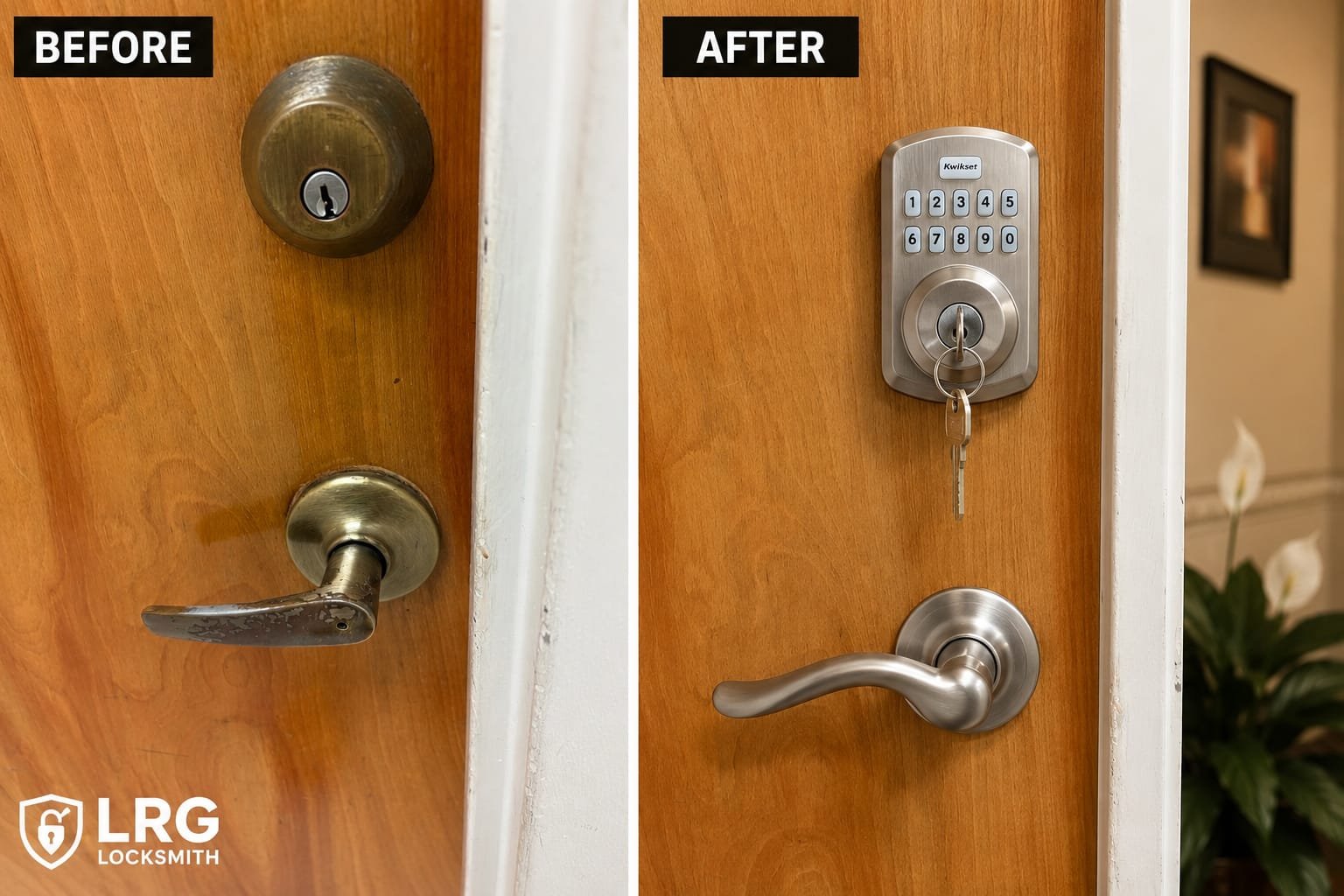 Before-and-after office keypad lock and lever replacement in Coral Springs, Florida