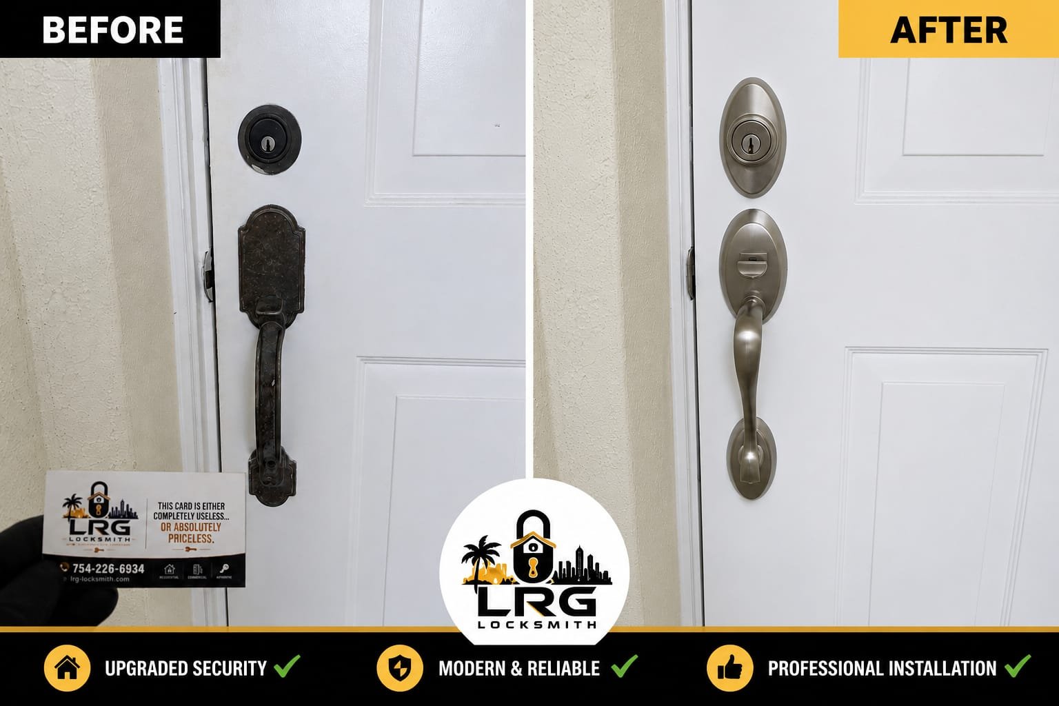 Before-and-after front door handleset and deadbolt replacement in Davie, Florida
