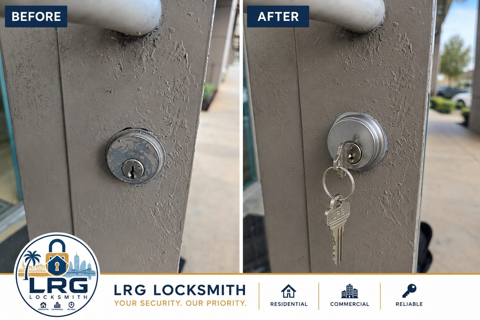 Before-and-after commercial door lock cylinder replacement by LRG Locksmith