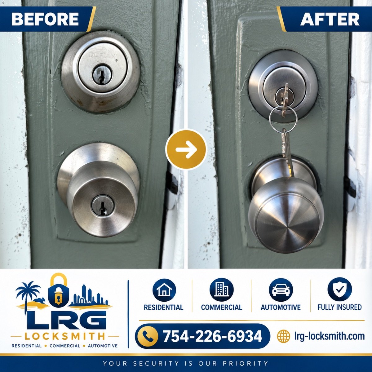 Before and after Grade 1 deadbolt upgrade in Deerfield Beach Century Village