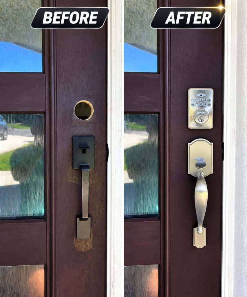 Before-and-after residential front door keypad lock and handleset upgrade by LRG Locksmith