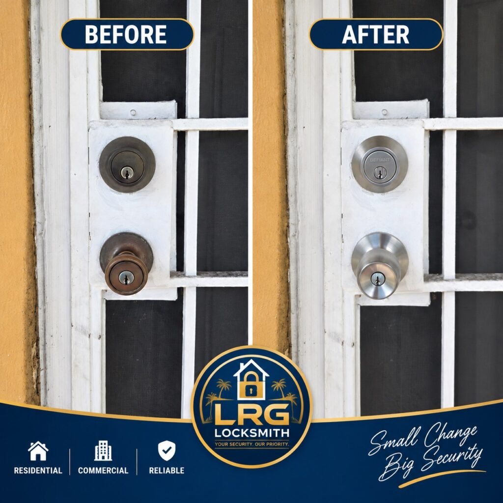 Before and after residential security screen door lock replacement by LRG Locksmith