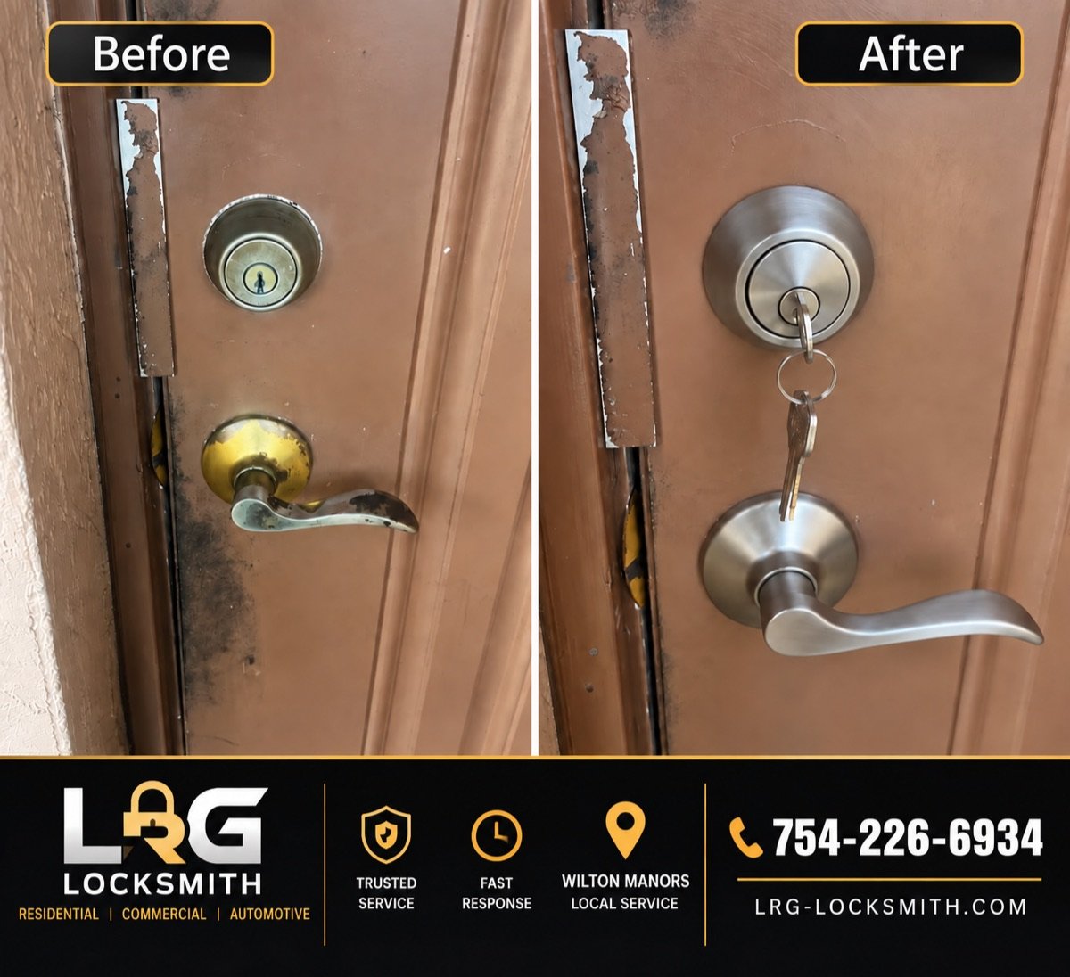 Before and after lock and lever replacement on a residential door in Wilton Manors, Florida